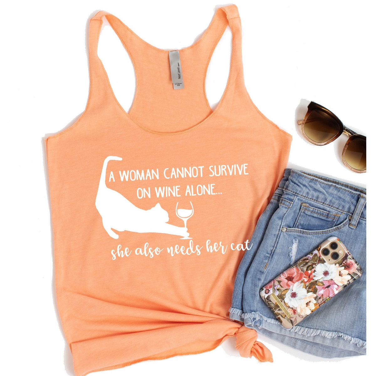 A Woman Cannot Survive on Wine Alone, She also Needs her Cat - Tank Top Racerback