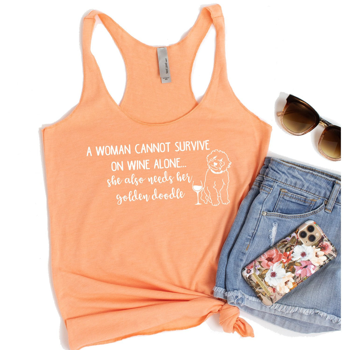 A Woman Cannot Survive on Wine Alone, She also Needs her Golden Doodle - Tank Top Racerback