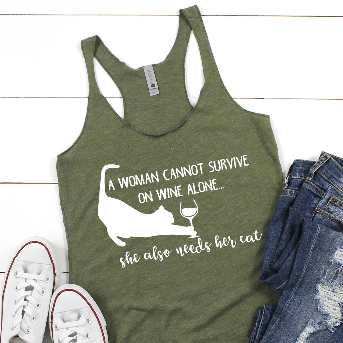 A Woman Cannot Survive on Wine Alone, She also Needs her Cat - Tank Top Racerback