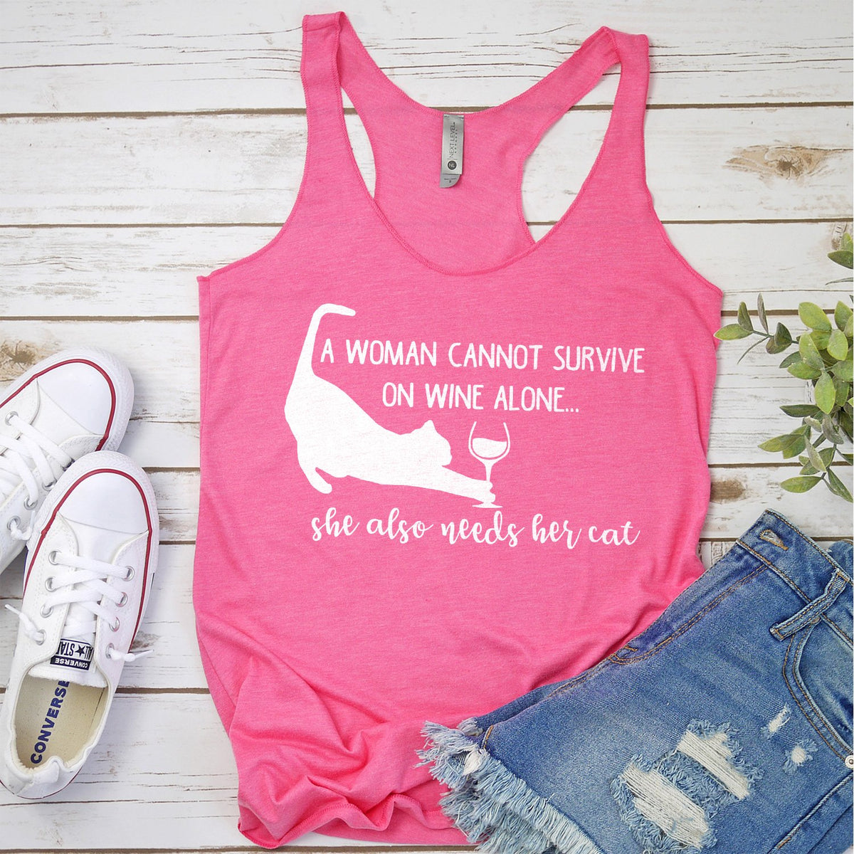 A Woman Cannot Survive on Wine Alone, She also Needs her Cat - Tank Top Racerback