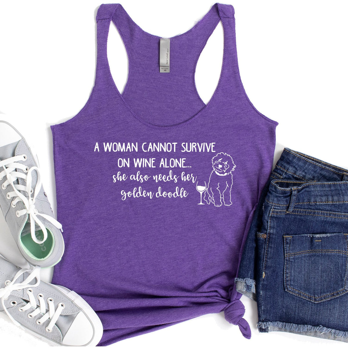 A Woman Cannot Survive on Wine Alone, She also Needs her Golden Doodle - Tank Top Racerback