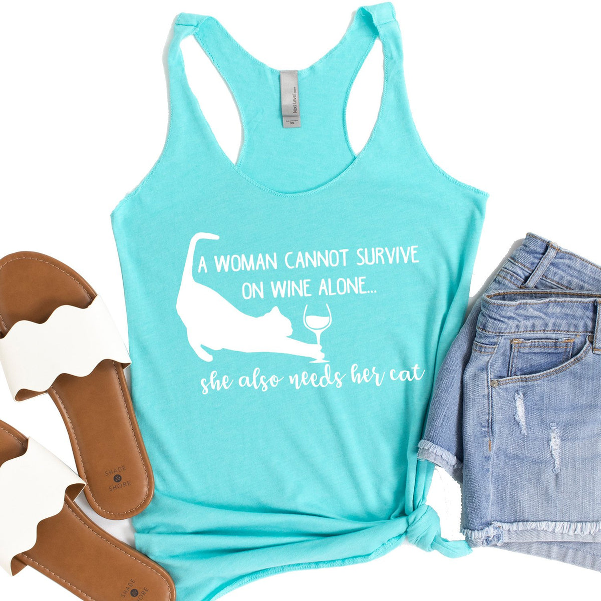 A Woman Cannot Survive on Wine Alone, She also Needs her Cat - Tank Top Racerback