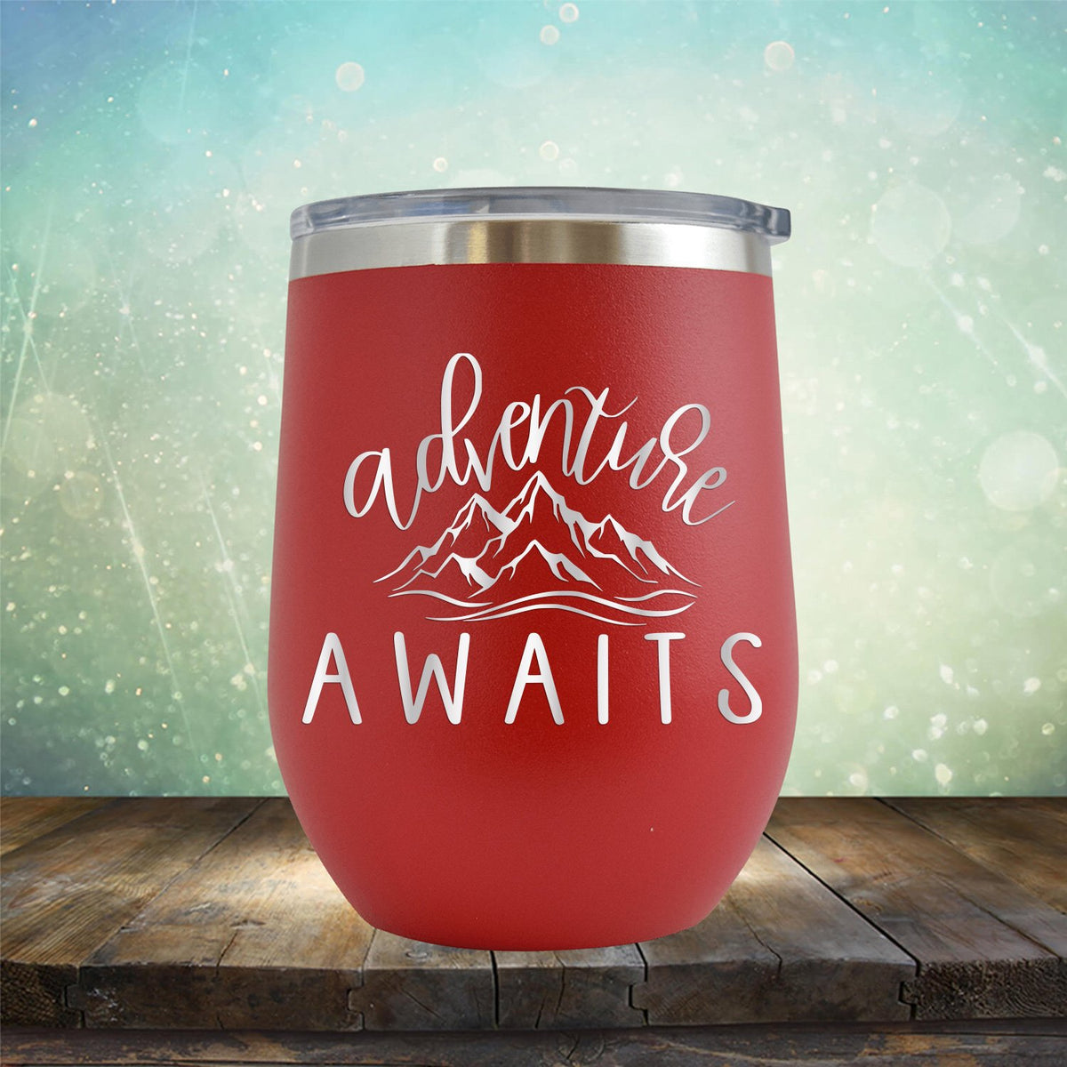Adventure Awaits with Mountain - Stemless Wine Cup