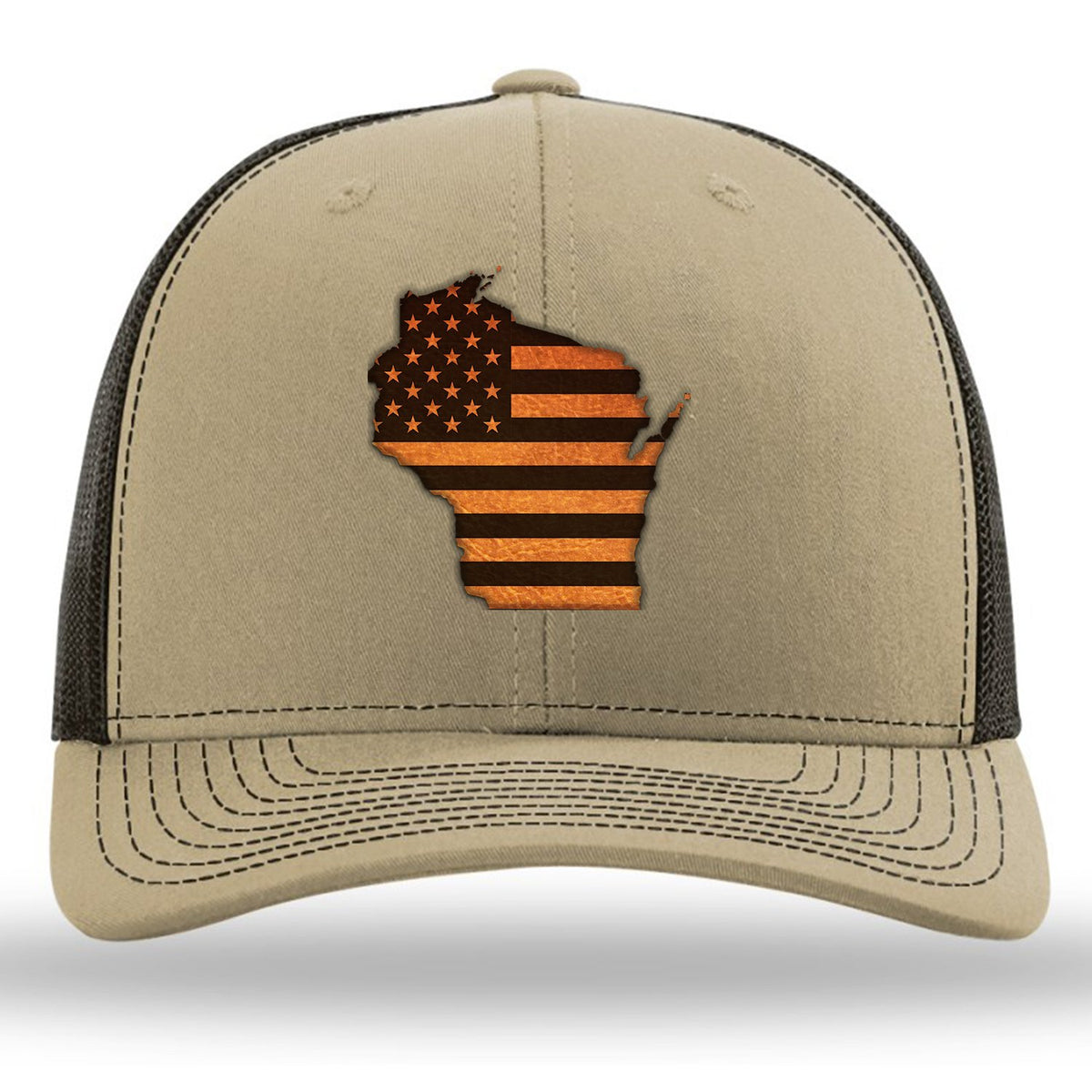 Wisconsin State USA Flag - Leather Patch Trucker Hat