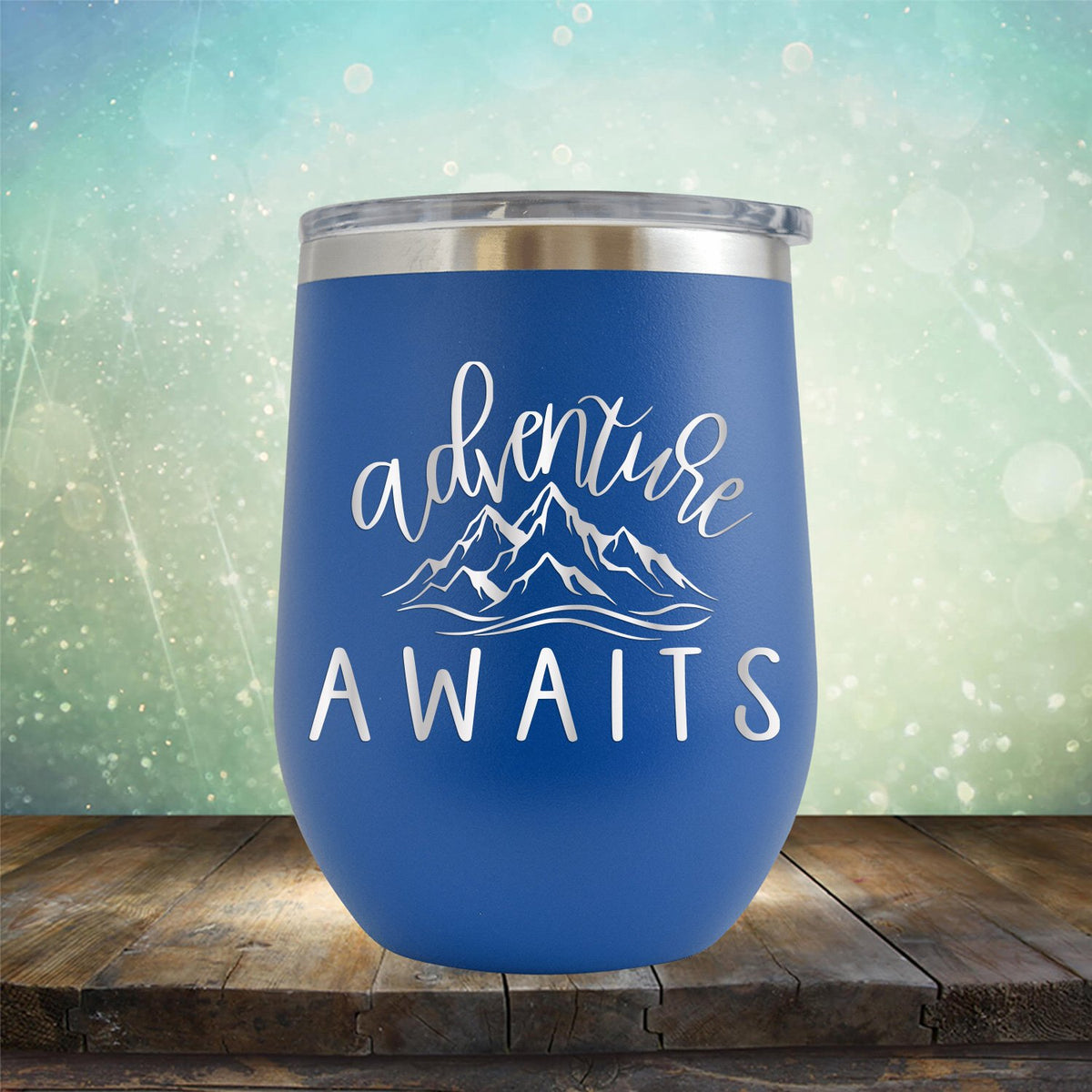 Adventure Awaits with Mountain - Stemless Wine Cup