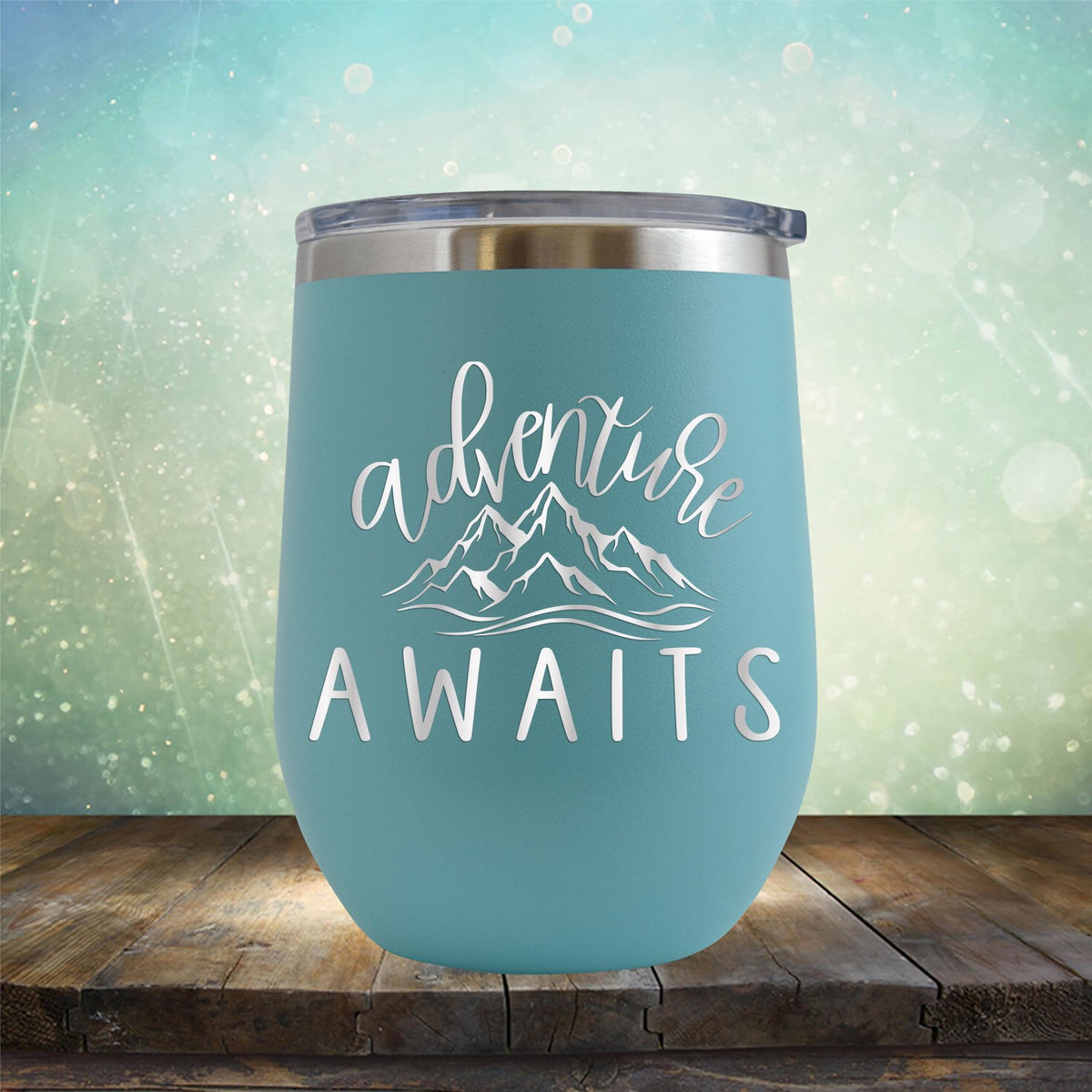 Adventure Awaits with Mountain - Stemless Wine Cup